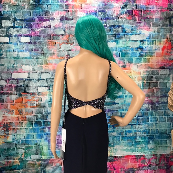 JOVANI Navy Beaded High Slit Halter Gown! #JP48849 - Picture 7 of 8